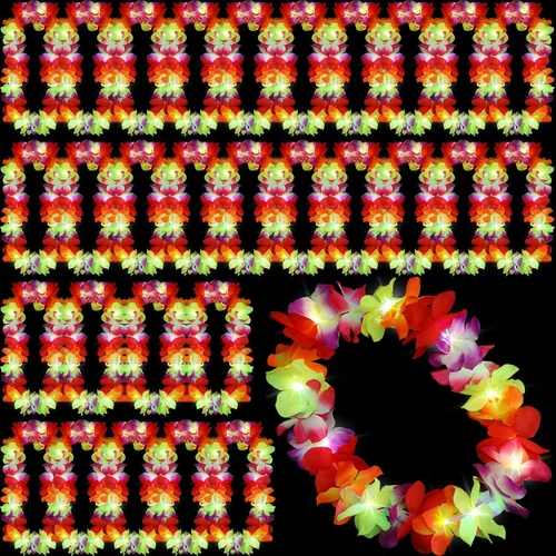 Miniatura 26 de Sherr 24 piezas Collares de leis LED iluminados, collares de flores hawaianas con luces LED para bodas, playa, tropical, carnaval, suministros