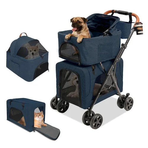 Miniatura 11 de Cochecito de perro para mascotas pequeñas, transportador de 4 ruedas todo terreno para gatos y perros con ruedas delanteras de 360°, mango ajustable