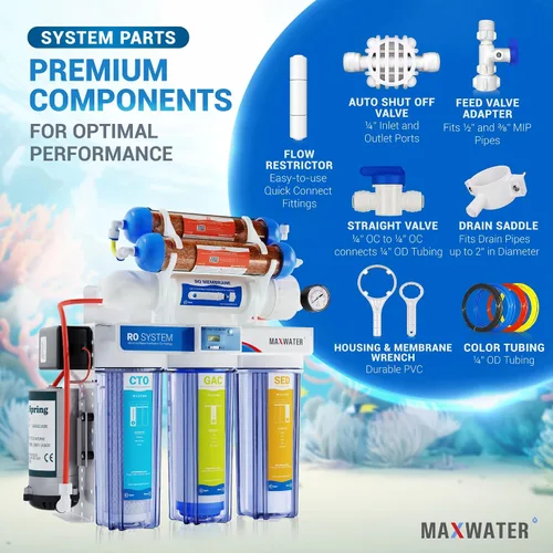 Miniatura 3 de Max Water Sistema de filtración de agua de 6 etapas 50 GPD (galones por día) RODI (desionización por ósmosis inversa) + medidor Dgital TDS + bomba