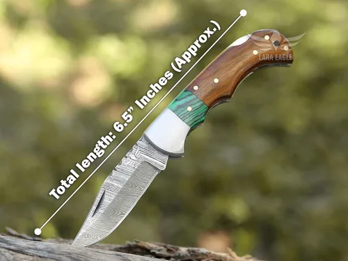 Miniatura 3 de Cuchillo de bolsillo de damasco Lara Eagle para hombres - Cuchillos de caza plegables hechos a mano de 133 capas de acero sólido con afilador