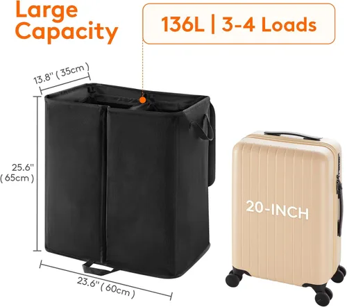 Miniatura 6 de Lifewit Cesta de lavandería doble de 136L con tapa y bolsas de lavandería extraíbles, cesta grande dividida, cesta plegable de 2 secciones con asas