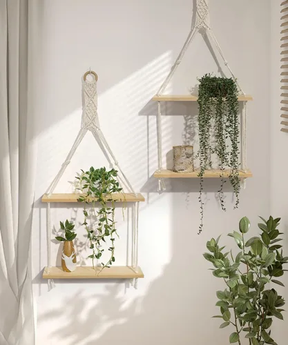 Miniatura 2 de Afuly Estante colgante de pared de macramé, estantes flotantes bohemios, cuerda de algodón, decoración rústica del hogar, 2 niveles, colgador