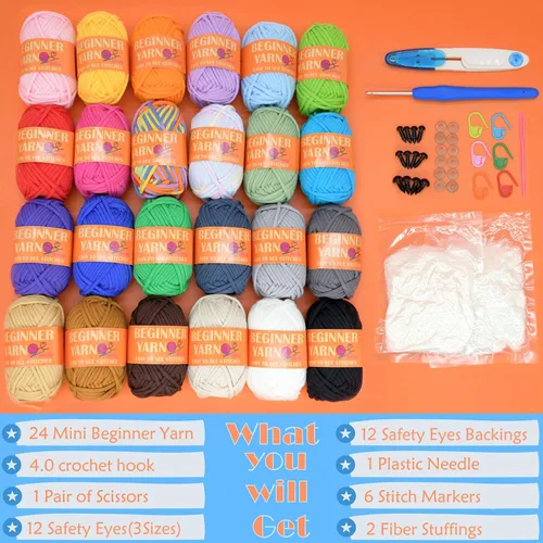 Miniatura 4 de 24 Pack de Hilo de Ganchillo para Principiantes Azul Rosa Púrpura Marrón Arcoíris de Algodón para Tejer y Ganchillo con Puntos Fáciles de Ver Kit