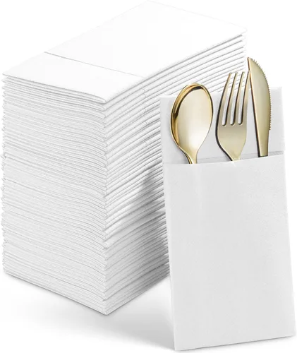 Miniatura 10 de Paquete de 50 servilletas desechables de lino con bolsillo integrado para cubiertos, tela preplegada azul como servilletas de papel para bodas