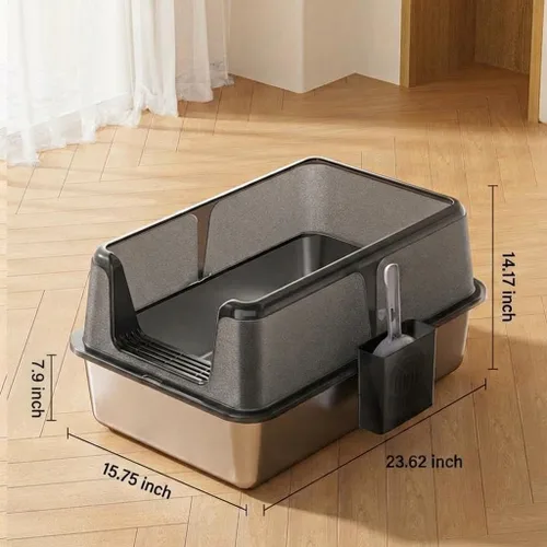 Miniatura 2 de Caja de arena para gatos de acero inoxidable, caja de arena de metal cerrada XL con tapa y filtro de arena lateral, diseño antiadherente antifugas
