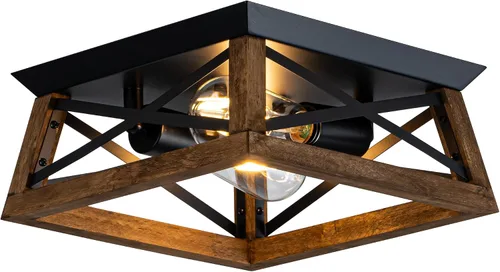 Miniatura 11 de Lámpara de Techo Estilo Granja, Lámpara de Techo Empotrada Redonda de 2 Luces con Marco de Madera y Metal, Luminaria Rústica Negra para Pasillo