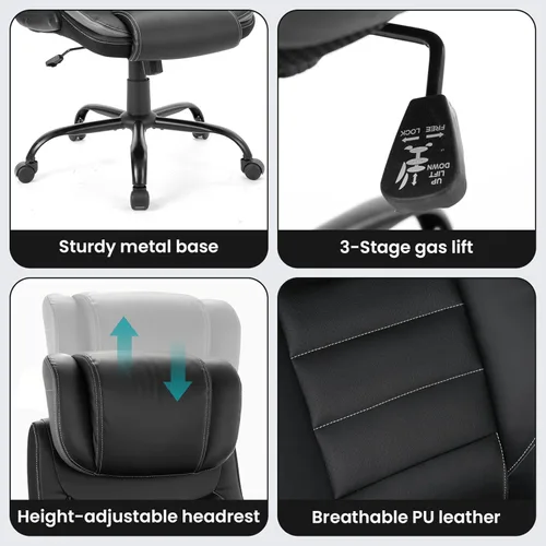 Miniatura 7 de Silla de oficina ergonómica con soporte lumbar de resorte de bolsillo, silla de cuero ejecutiva, respaldo alto, reposacabezas ajustable, brazos