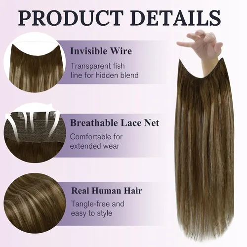Miniatura 2 de Fshine - Extensiones de cabello humano con clip, de 16 pulgadas, con clip, color marrón chocolate, mezcla de rubio caramelo, extensiones de cabello