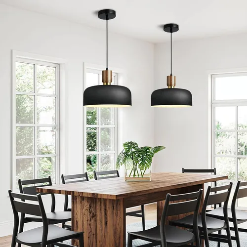 Miniatura 4 de Lámpara colgante negra moderna de 11.6 pulgadas, lámpara colgante grande para isla de cocina, madera maciza con pantalla martillada, lámpara