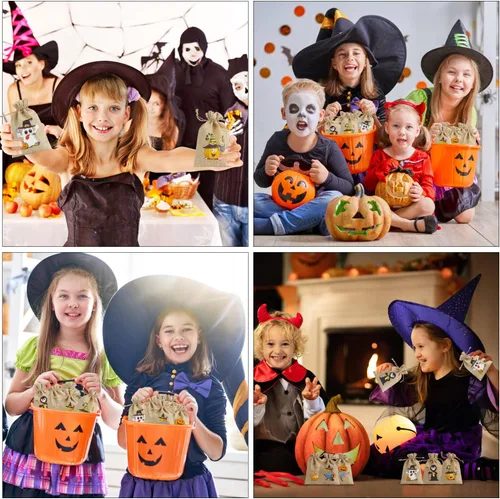 Miniatura 7 de LOKIPA 36 bolsas de regalo de arpillera de Halloween con cordón pequeñas bolsas de yute para niños y adultos, suministros de fiesta