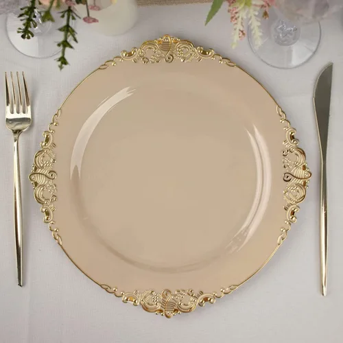 Miniatura 17 de Tableclothsfactory Paquete de 10 platos redondos de plástico barroco dorado de 8 pulgadas para ensalada de postre, vajilla desechable con borde