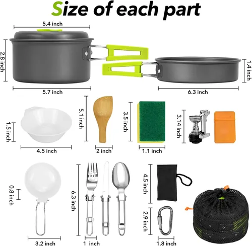 Miniatura 6 de Juego de 15 utensilios de cocina para acampar, juego de ollas ligeras antiadherentes, utensilios de cocina portátiles al aire libre para camping