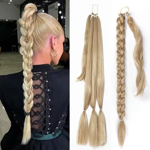 Miniatura 8 de EMMOR Extensión de cola de caballo larga trenzada con cabello lacio envolvente, extensiones de cabello sintético suave y saludable para mujeres