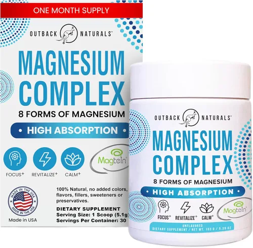 Polvo complejo de magnesio – 8 tipos de magnesio, L-treonato (magteína), glicinato, malato y más para la salud cerebral, relajación, máxima
