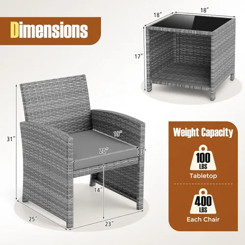 Miniatura 6 de KOTEK Juego de muebles de patio de 3 piezas, sillas de patio de mimbre para exteriores con cojines y mesa de almacenamiento, juego de bistró