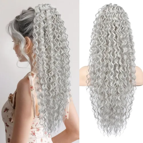 Miniatura 24 de Flufymooz Extensión de cola de caballo, 26 pulgadas, estilo bohemio, con cordón, extensiones de cabello para mujer, cola de caballo larga, rizada