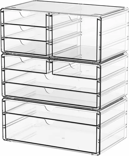 Yieach Paquete de 3 cajones de almacenamiento transparentes con 10 cajones, organizador de cajones de acrílico grande apilable de 11.1 pulgadas y