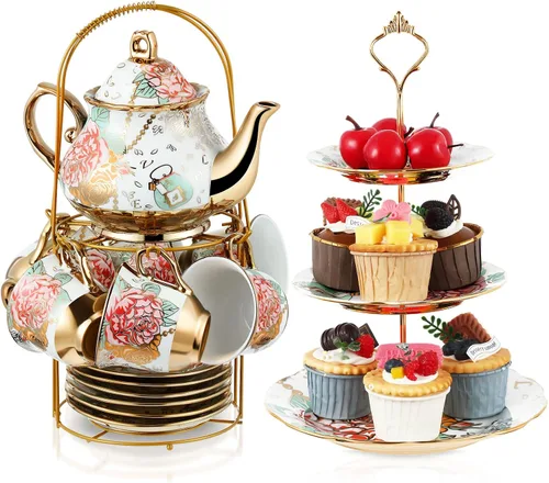 Miniatura 13 de Maxcheck Juego de 21 piezas para fiesta de té para adultos, juego de té floral europeo con soporte de metal y soporte de pastel de cerámica de 3