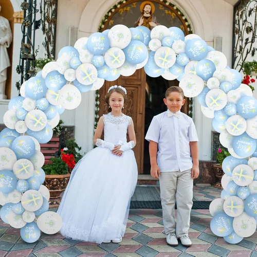 Miniatura 5 de Skylety Globos de látex con 48 palomas cruzadas, globos de bautismo de 12 pulgadas para primera comunión y bautizo (azul)