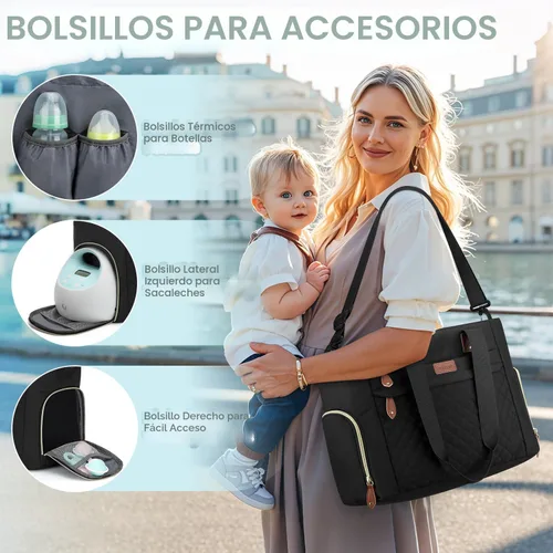 Miniatura 6 de Pritent Bolsa de Pañales Tote para Mamá Trabajadora, Bolsa de Pañales de Viaje Grande para Mamá y Papá con Funda para Laptop de 14 Pulgadas, Bolsa