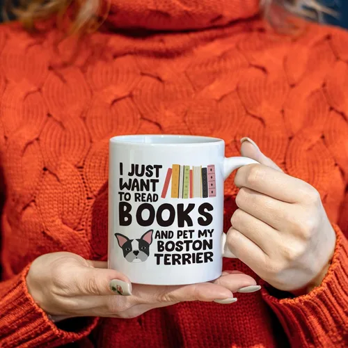 Miniatura 2 de Taza de café Boston Terrier, I Just Want to Read Books and Pet My Boston Terrier Taza de cerámica de 11 onzas, taza de té para perros, regalos
