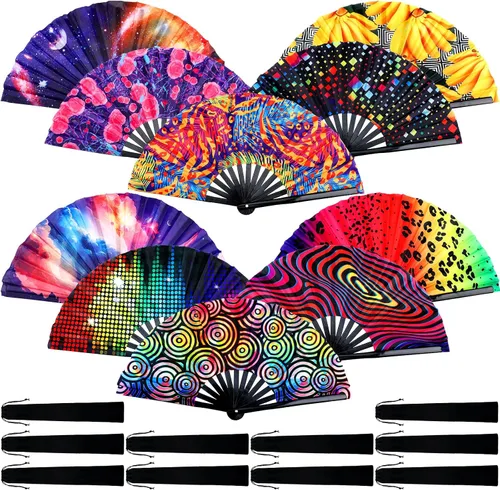 Miniatura 10 de Pinkunn 10 ventiladores plegables de mano con varillas de bambú y estuche para festivales, manualidades, rave, arco iris, para regalos de fiesta