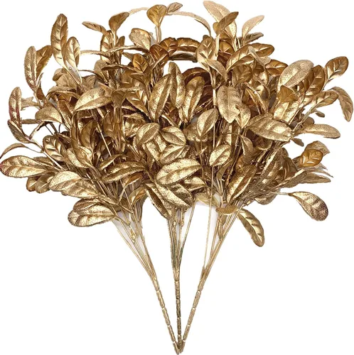CATTREE Plantas artificiales para decoración de Navidad, hierba de plástico dorado, hojas falsas, arbustos de simulación para interiores y Hojas