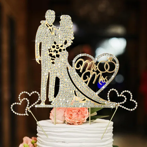 Miniatura 3 de Paquete de 3 decoraciones de tarta de boda Sr. y Sra. con strass, decoración de tarta de boda de metal, decoración de tarta de boda de cristal