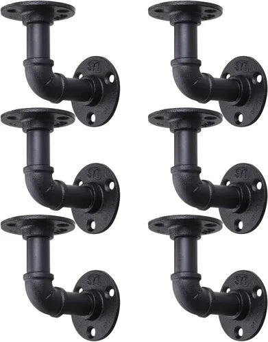 Miniatura 9 de MUZIK Paquete de 4 Soportes de Estante Flotante de Tubería Resistente, Soportes de Estante de Tubos en L Negros, Soportes de Estantería de Hierro
