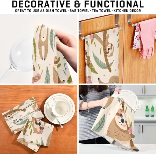 Miniatura 7 de Kigai Juego de 4 toallas de cocina, diseño de perezoso lindo altamente absorbente, paños de limpieza reutilizables, paños de cocina, toallas de mano