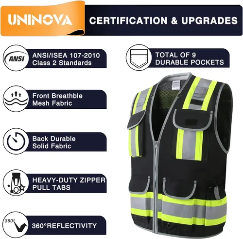 Miniatura 2 de Surveyor Safety Vest Reflective for Men,Class 2 Heavy Duty Safety Vests Reflective with Pockets and Zipper Sv55 Negro (servicio pesado)