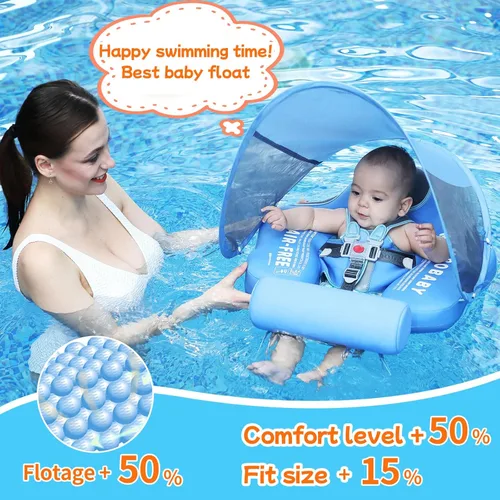 Miniatura 4 de Mambobaby Flotador con Toldo y Cola Nuevo Mejorado Flotador de Piscina No Inflable para Bebé Flotador de Natación Mambo Entrenador de Natación azul