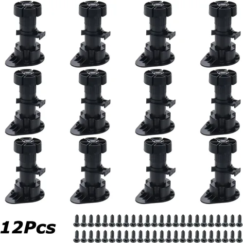 Miniatura 6 de Niveladores ajustables de 3.9 a 5 pulgadas para borde de gabinete, 12 piezas, patas niveladoras de muebles, pies de nivelación de plástico negro