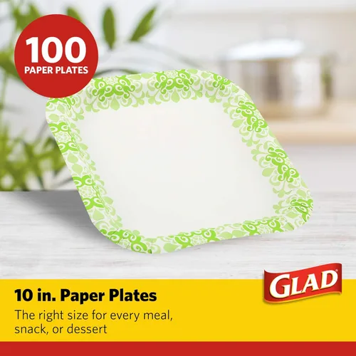 Miniatura 2 de Glad Platos cuadrados de papel desechables, patrón victoriano verde, fuertes, resistentes, a prueba de remojo y aptos para microondas para cena