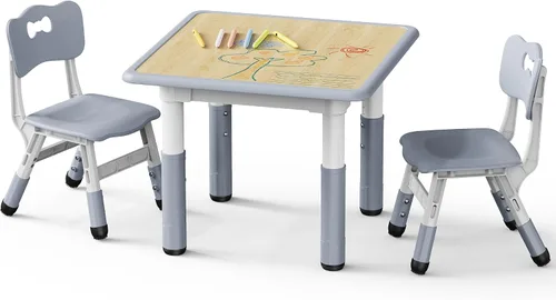 Miniatura 9 de Brelley, Juego de mesa y 2 sillas para niños, escritorio y silla ajustables en altura para niños pequeños, escritorio con diseño de grafiti