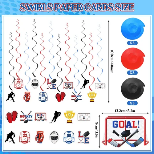 Miniatura 3 de 27 piezas de suministros de fiesta de cumpleaños de hockey bola de hielo, regalos de fiesta de hockey para cupcakes, remolinos colgantes