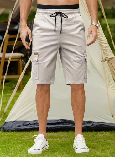 Miniatura 3 de JMIERR Pantalones cortos de sarga para hombre con cordón de algodón clásico elástico con 6 bolsillos