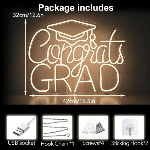 Miniatura 3 de Letrero de Felicitaciones Graduación Neón 2025 - Decoración de Graduación USB Blanca Cálida para Telón de Fondo, Dormitorio, Noche de Prom AA- Blanco