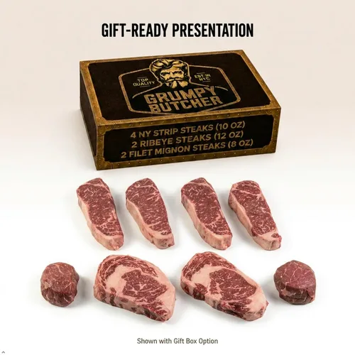 Miniatura 4 de Grumpy Butcher Aged 8 Steak Premium Set – 4 NY Strip, 2 Filet Mignon & 2 Ribeye Steaks – USDA Top Choice Beef Steak con opción de caja de regalo