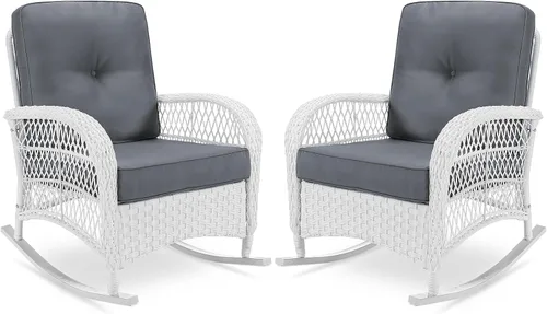 Miniatura 8 de VIVIJASON Mecedora de mimbre para exteriores, silla mecedora de ratán para patio con cojines y marco de acero, muebles de mimbre mecedores