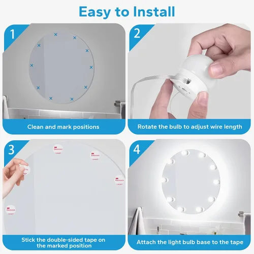 Miniatura 7 de Luces LED de tocador para espejo, luces de tocador adhesivas con 10 bombillas regulables, 3000K 4000K 6500K y 10 niveles de brillo ajustable, cable