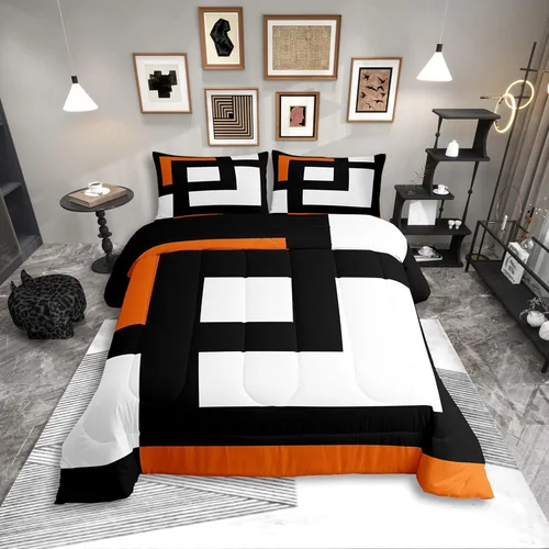 Miniatura 34 de Erosebridal Edredón Cuadrado para Niños y Niñas, Juego de Ropa de Cama Negro y Gris Blanco Azul Marino, Juego de Edredón Geométrico Completo