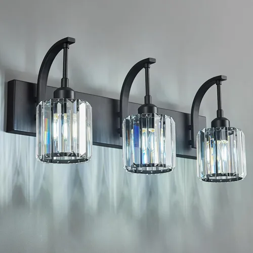 Miniatura 30 de Luces de tocador de cristal de 3 luces negras para tocador de baño, modernas lámparas de baño de cristal sobre espejo de 23.62 pulgadas de largo
