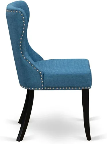 Miniatura 6 de East West Furniture SIP1T21 Sion Parson - Juego de 2 sillas tapizadas de tela de lino azul con ribete de clavos y botones copetudos, color negro