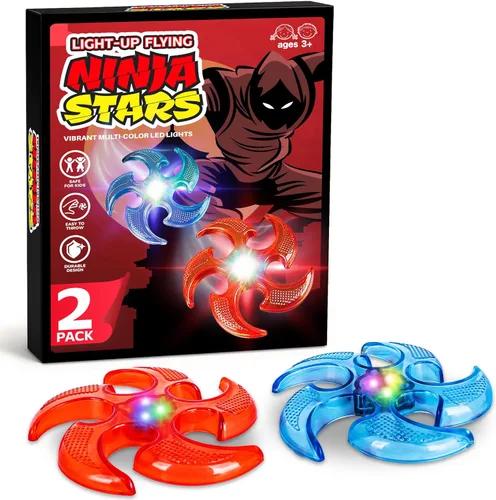 ArtCreativity Juego de estrellas ninja voladoras iluminadas, 2 estrellas lanzadoras de goma con baterías, juguetes interactivos para niños ninja