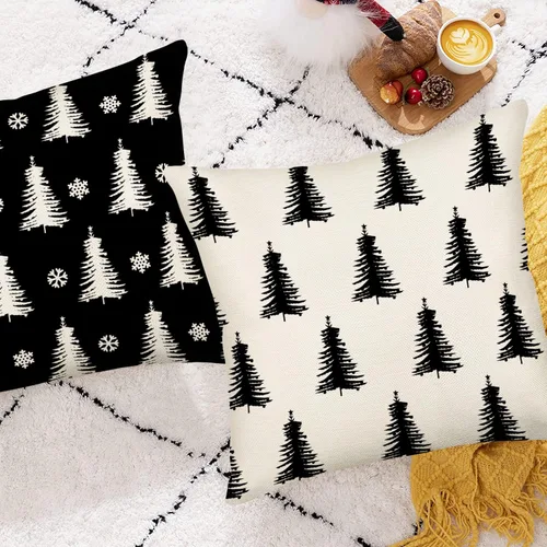 Miniatura 4 de Fundas de almohada decorativas para árbol de Navidad en blanco y negro de 16 x 16 pulgadas, juego de 2 fundas de almohada con diseño de árboles