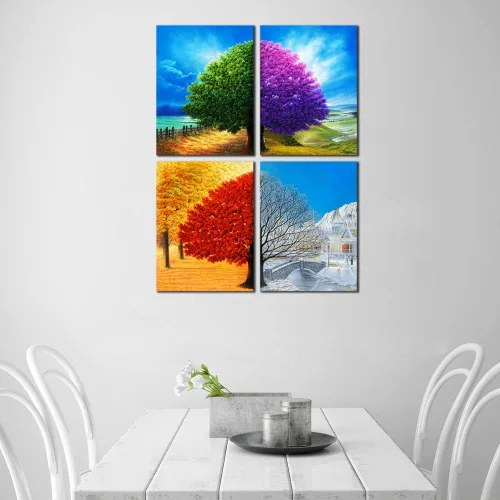 Miniatura 4 de Wieco Art Lienzo decorativo de 4 paneles para pared, diseño de árbol de cuatro estaciones, coloridas impresiones de paisaje de primavera, verano