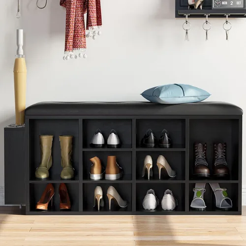Miniatura 2 de IRONCK Banco para Zapatos, Banco de Entrada con Diez Compartimentos de Almacenamiento con Cuero PU, Organizador de Zapatero Cúbico con Estantes Negro