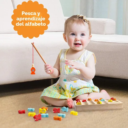 Miniatura 2 de Coogam Juego de Pesca Magnética de Madera, Juguete de Habilidad Motora Fina, Rompecabezas de Clasificación de Colores del Alfabeto ABC, Jugueto