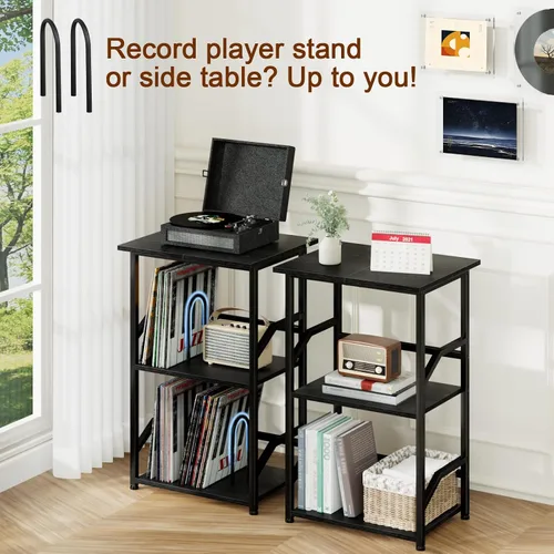 Miniatura 5 de LOAKEKEL Soporte para tocadiscos con almacenamiento de vinilo, mesa auxiliar de 3 niveles con estante, soporte giratorio alto con divisores